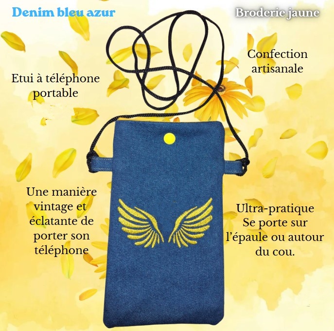 Etui à téléphone portable en denim azur et sa broderie jaune – Image 4