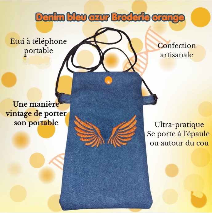 Etui pour téléphone portable en denim azur et sa broderie orange – Image 4