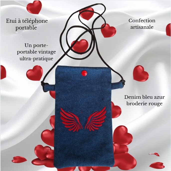 Etui pour téléphone portable en denim azur et sa broderie rouge – Image 3