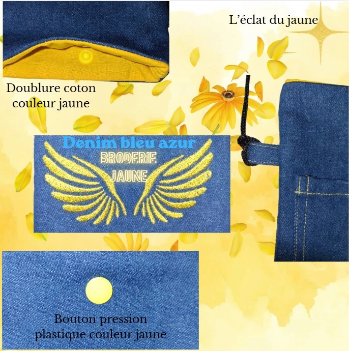 Etui à téléphone portable en denim azur et sa broderie jaune – Image 2