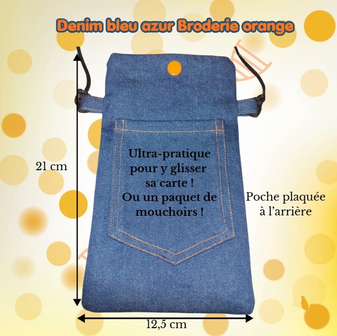 Etui pour téléphone portable en denim azur et sa broderie orange – Image 2