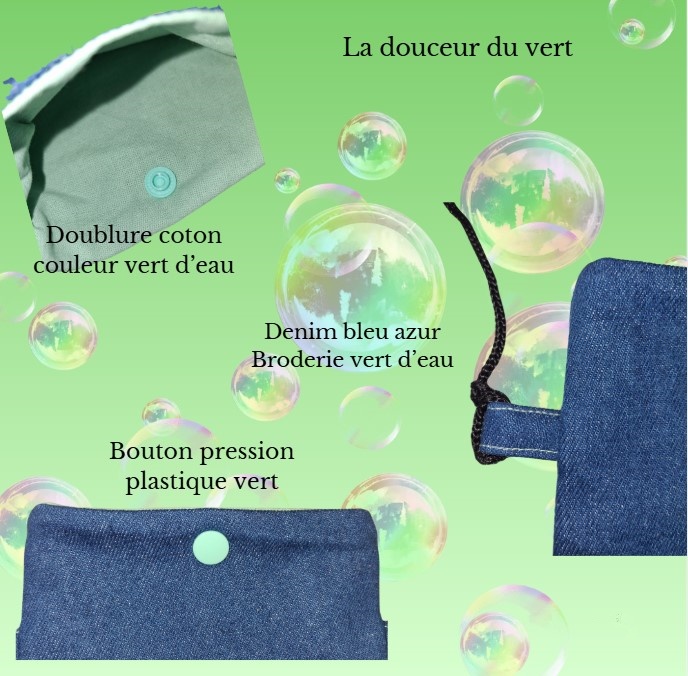 Etui pour téléphone portable en denim azur et sa broderie vert d’eau – Image 2